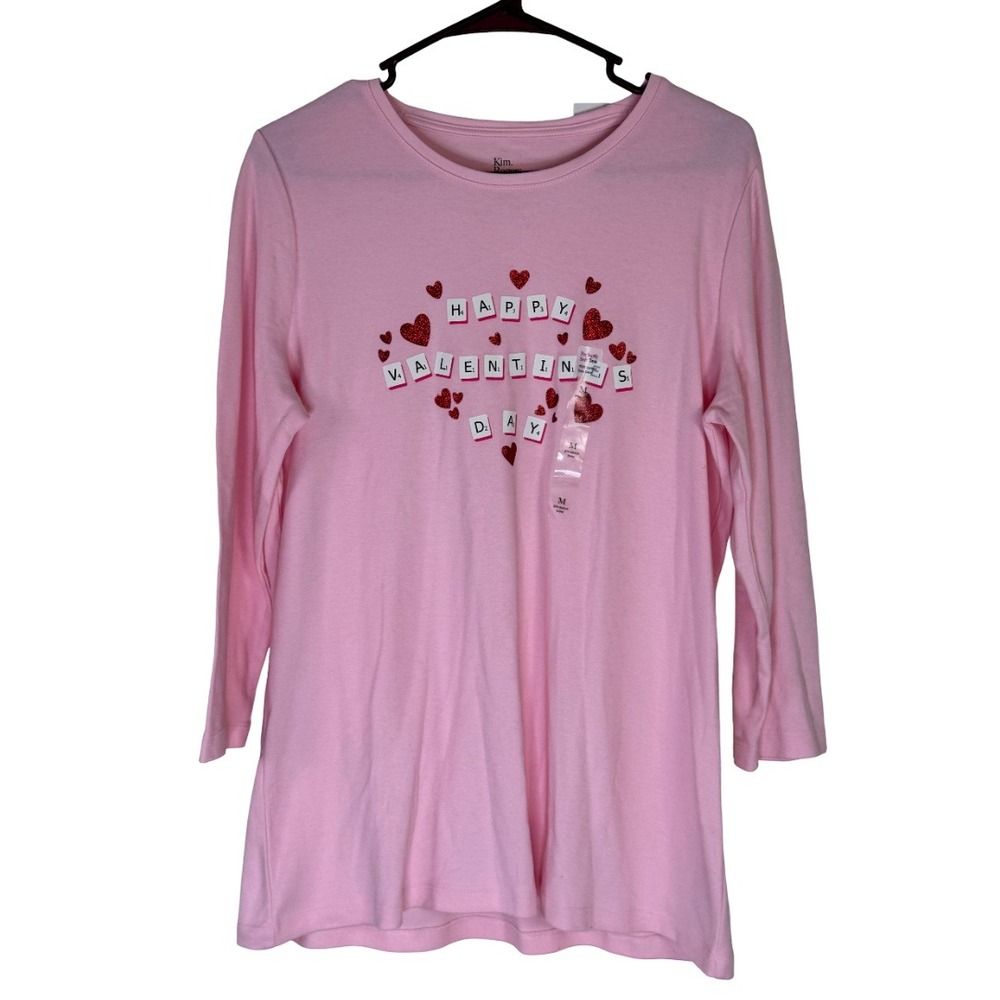Kim Rogers‎ Valentines Day Top Women Size M Pink 3/4 Sleeve Glitter Heart Cotton